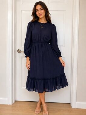 Nanette Lepore Navy Blue Ruffle Hem Long Sleeve Midi Dress size 2